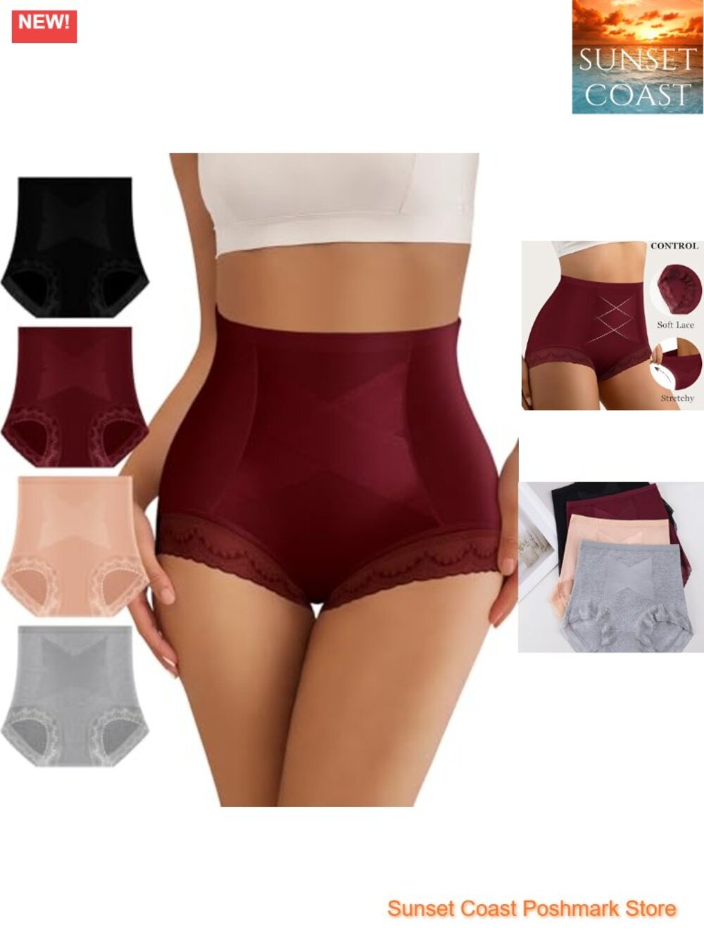 Women's Cotton Tummy Control Briefs High Waist Lace Trim Panties 4 Pack